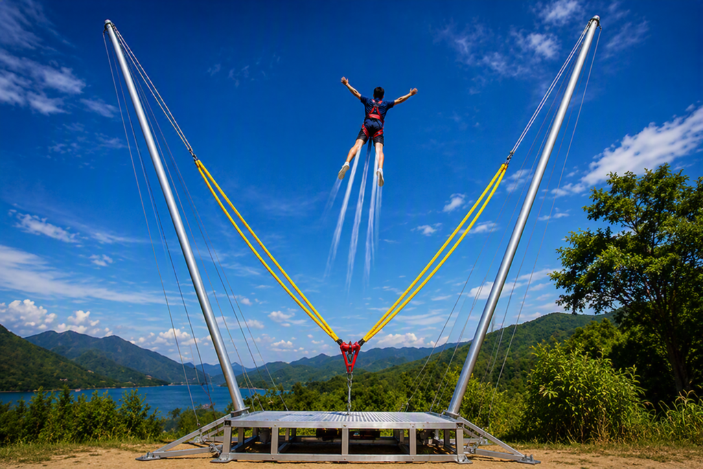 The Apex Karting and adventures Rocket Ejector thrill ride launching a rider high into the air between two support towers, suspended by elastic cords against a bright blue sky with mountains, lake, and greenery in the background.