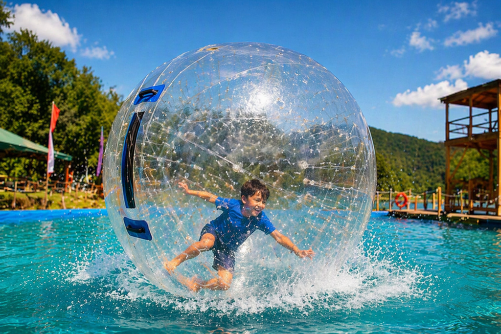 The Apex Karting and adventures Kid inside a transparent inflatable water zorb rolling across a bright blue pool, creating splashes as the sphere glides on the water, with scenic greenery and recreational facilities in the background.