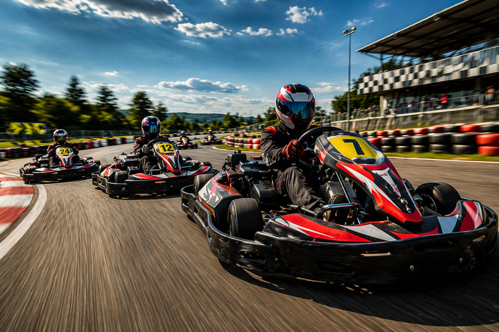 The Apex Karting and adventures Multiple go-karts racing at high speed around a professional outdoor karting track, with motion blur emphasizing speed as drivers navigate a sweeping corner. Red-and-white curbs, safety barriers, and a grandstand create an exciting motorsport setting under a bright blue sky.
